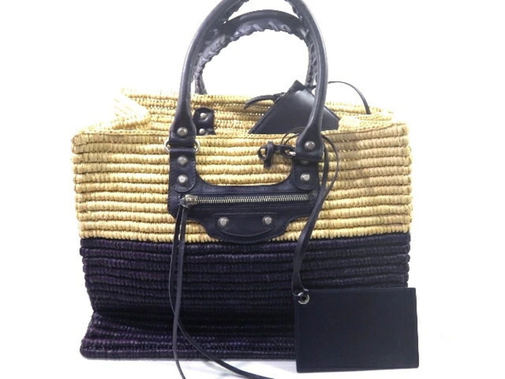 Balenciaga Basket Bag Tote Square Beige Cream x Purple Raffia Calfskin